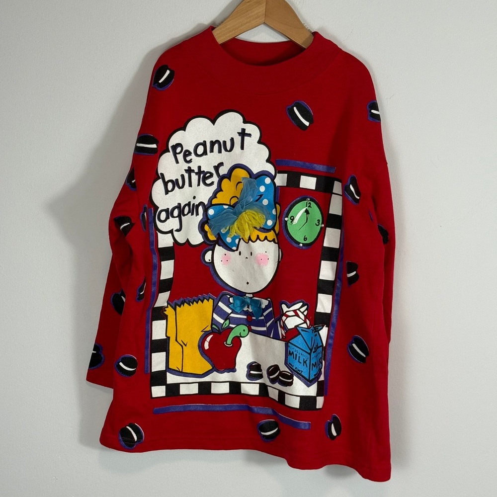 Vintage Red Peanut Butter Again Graphic Sweatshirt Kids Long Sleeve Red 90s